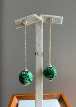 Load image into Gallery viewer, Dark Green Jade Carved Balls 14kGF Dangle Earrings