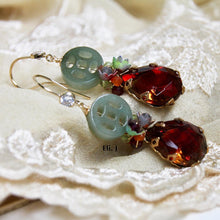 Load image into Gallery viewer, Custom-Cut Jade, Vintage Glass Gems &amp; Flowers 14KGF Earrings