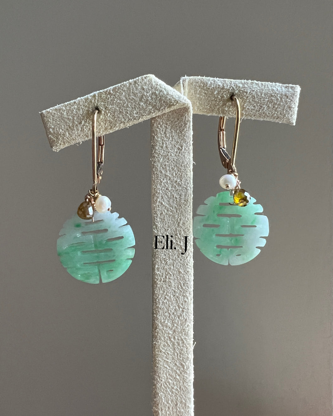 Exclusive to Eli. J: 18k SOLID GOLD 喜喜 Xuangxi Jade, Diamond Drops Earrings