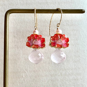 Coral Lotus Cloisonne & Rose Quartz 14kGF Earrings
