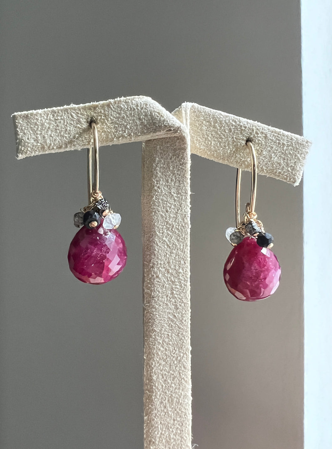 Ruby, Natural Black Diamond, Gems 14kGF Earrings