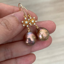 Load image into Gallery viewer, Rainbow Gold Edison Pearls, Snowflakes 14kGF Earrings