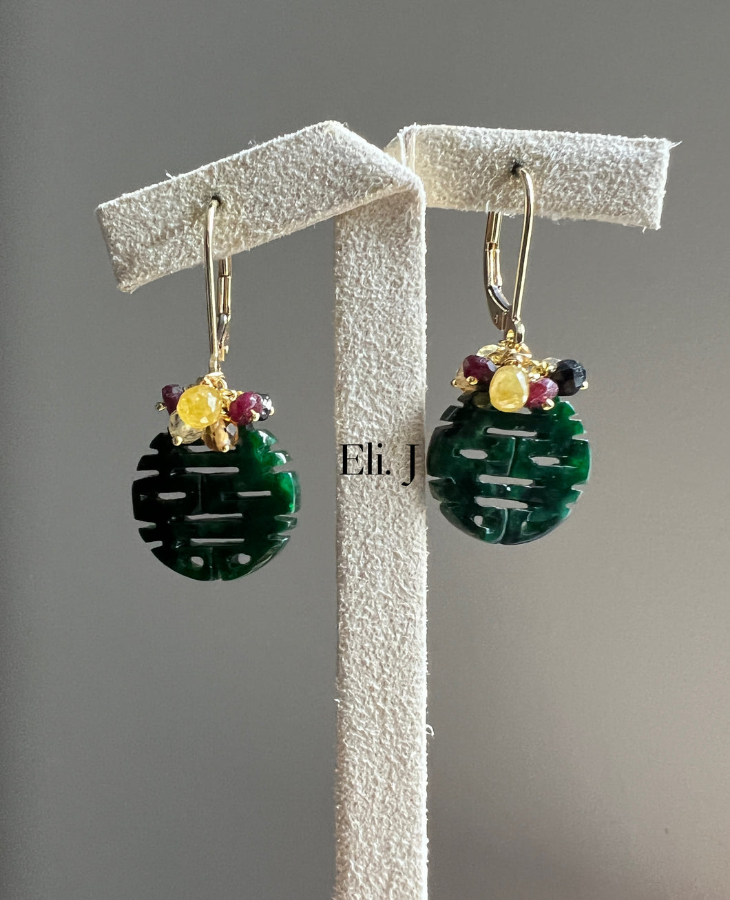 Exclusive to Eli. J: 18k SOLID GOLD 喜喜 Xuangxi Jade, Yellow Diamonds, Ruby Earrings