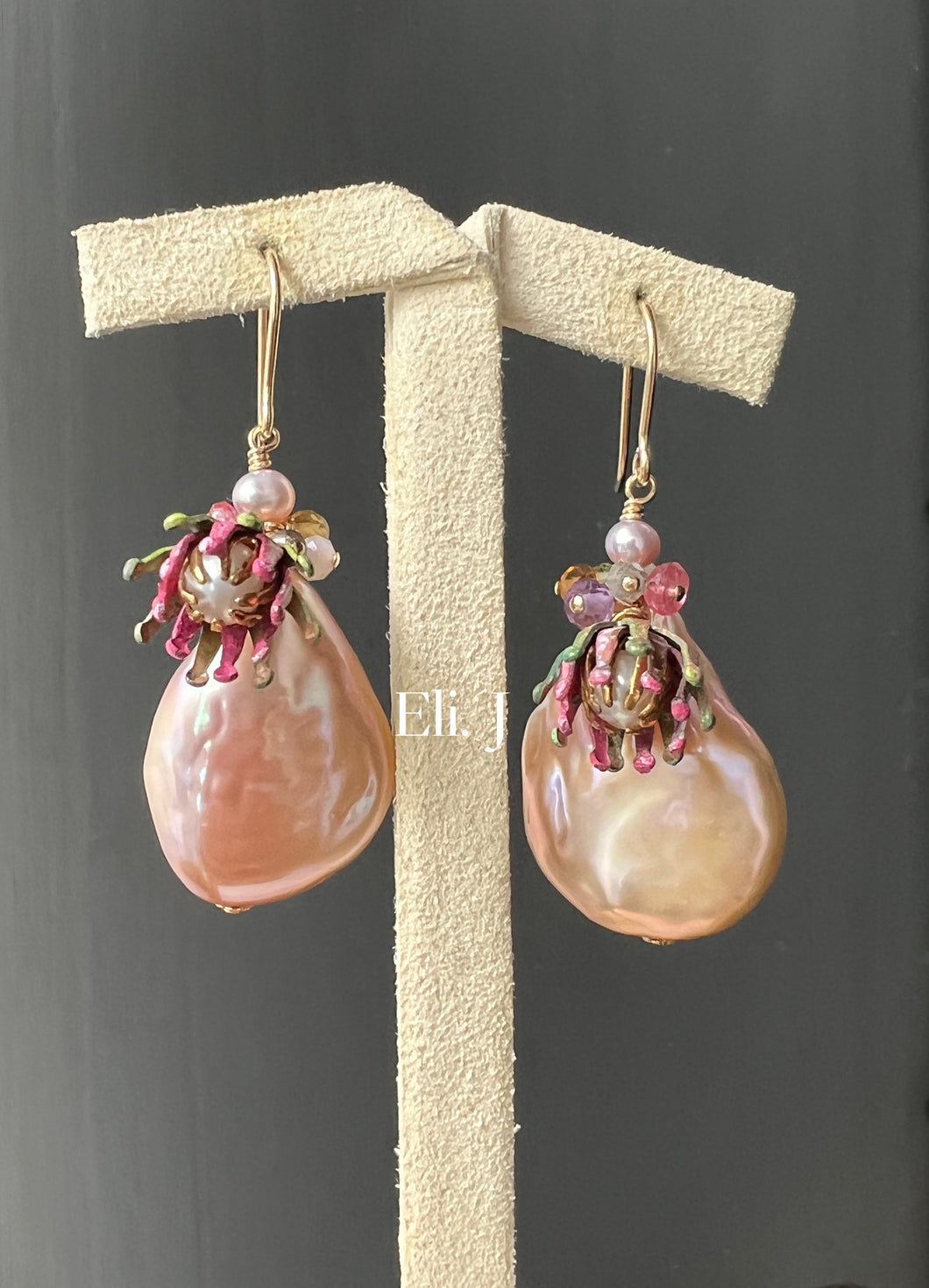Vintage Peony: Vtg Flowers, Large Peach Pearls 14kGF Earrings
