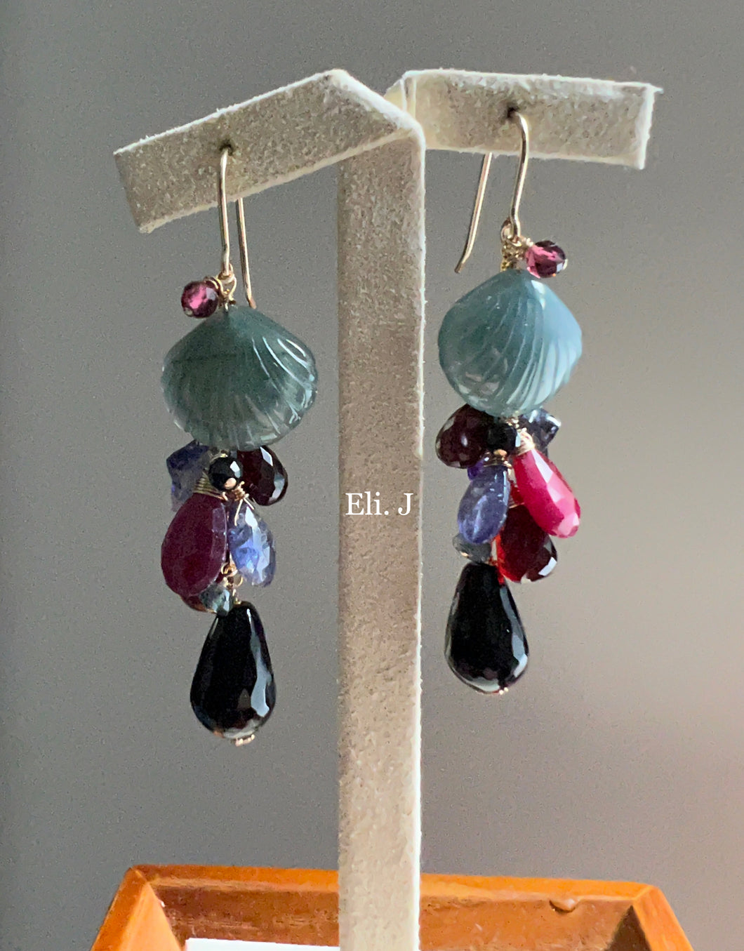 Mulan: Jade Shells, Ruby, Black Onyx, Tanzanite, Iolite Stars 14kGF Earrings
