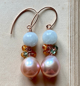 Type A Jade, Peach Pearls & Gemstones 14k Gold Filled Earrings
