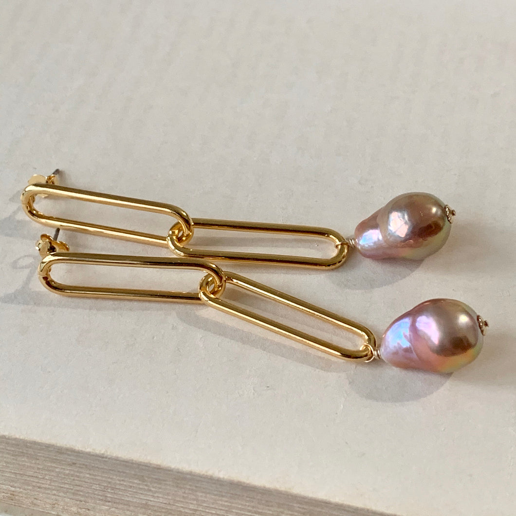 Pink Edison Pearls Statement Gold Link Earrings