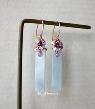 Load image into Gallery viewer, Bluish Lavender Type A Jadeite Bars, Pink Sapphire, Amethyst, Morganite 14kGF Earrings