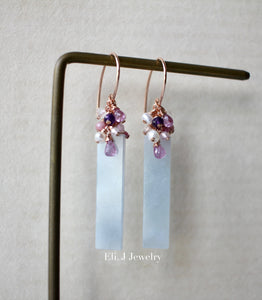 Bluish Lavender Type A Jadeite Bars, Pink Sapphire, Amethyst, Morganite 14kGF Earrings