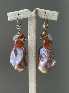 Peach-Purple AAA Baroque Pearls with Rainbow Gemstones 14kGF Earrings