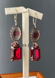 Rosalind: Vintage Red Gems, Black Diamond, Ruby, Garnet 14kGF Earrings