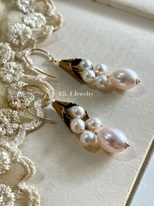 Lily: Vtg Brass Lily, Ivory Freshwater Pearls Earrings