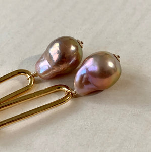 Pink Edison Pearls Statement Gold Link Earrings