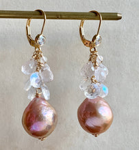 Load image into Gallery viewer, Peach-Pink Edison Pearls Rose Quartz Rainbow Moonstone 14k GF Earrings