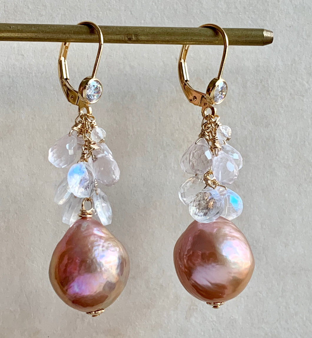 Peach-Pink Edison Pearls Rose Quartz Rainbow Moonstone 14k GF Earrings