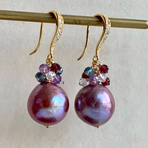 Deep Lavender Pearls & Gemstones Gold Earrings
