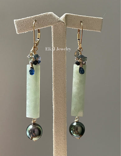 Eli. J Signature: Apple-Green Jade Bars, Tahitian Pearls, Sapphire & Gems Earrings