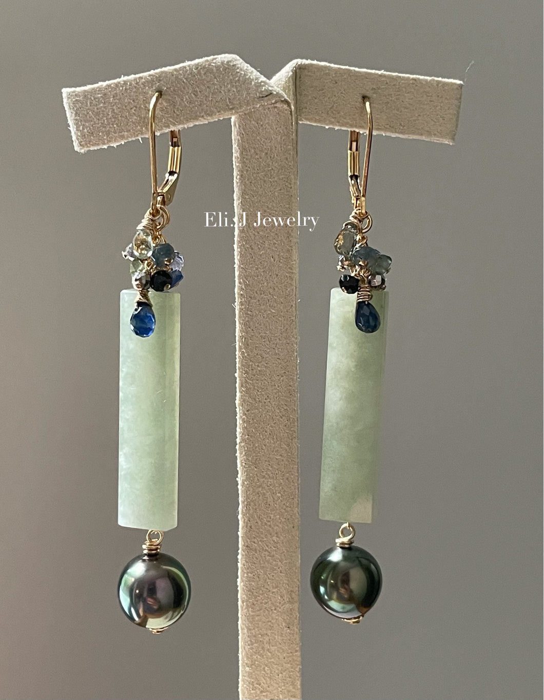 Eli. J Signature: Apple-Green Jade Bars, Tahitian Pearls, Sapphire & Gems Earrings