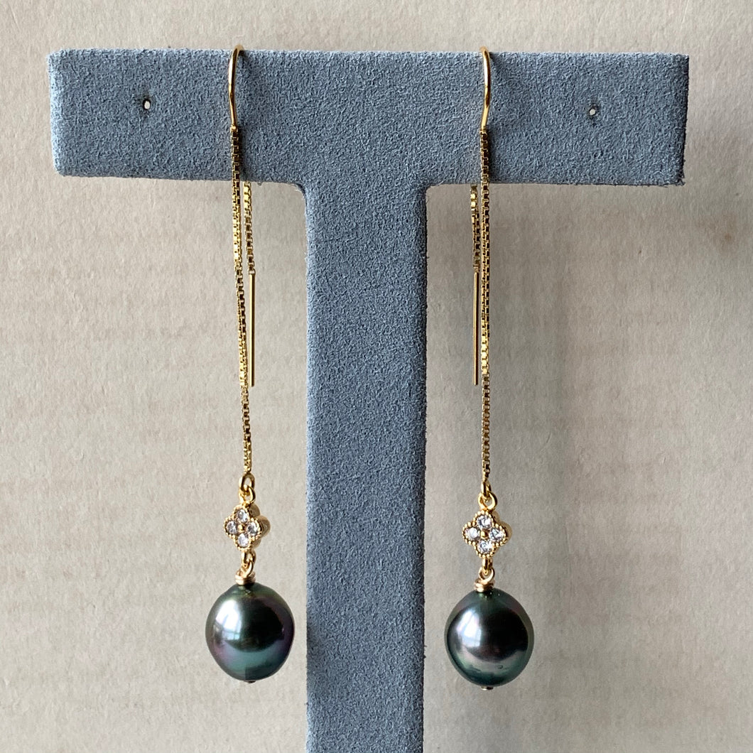 Peacock AAA Tahitian pearls & Clover, 14KGF threaders