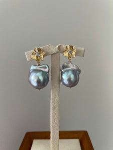 AAA Silver-Blue Baroque Pearls on Gold Floral Studs