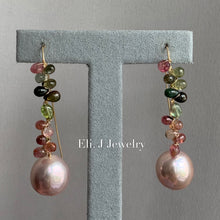Load image into Gallery viewer, AAA Large Pink Edison Pearls, Tourmaline Vine 14kGF Hand Forged Hooks
