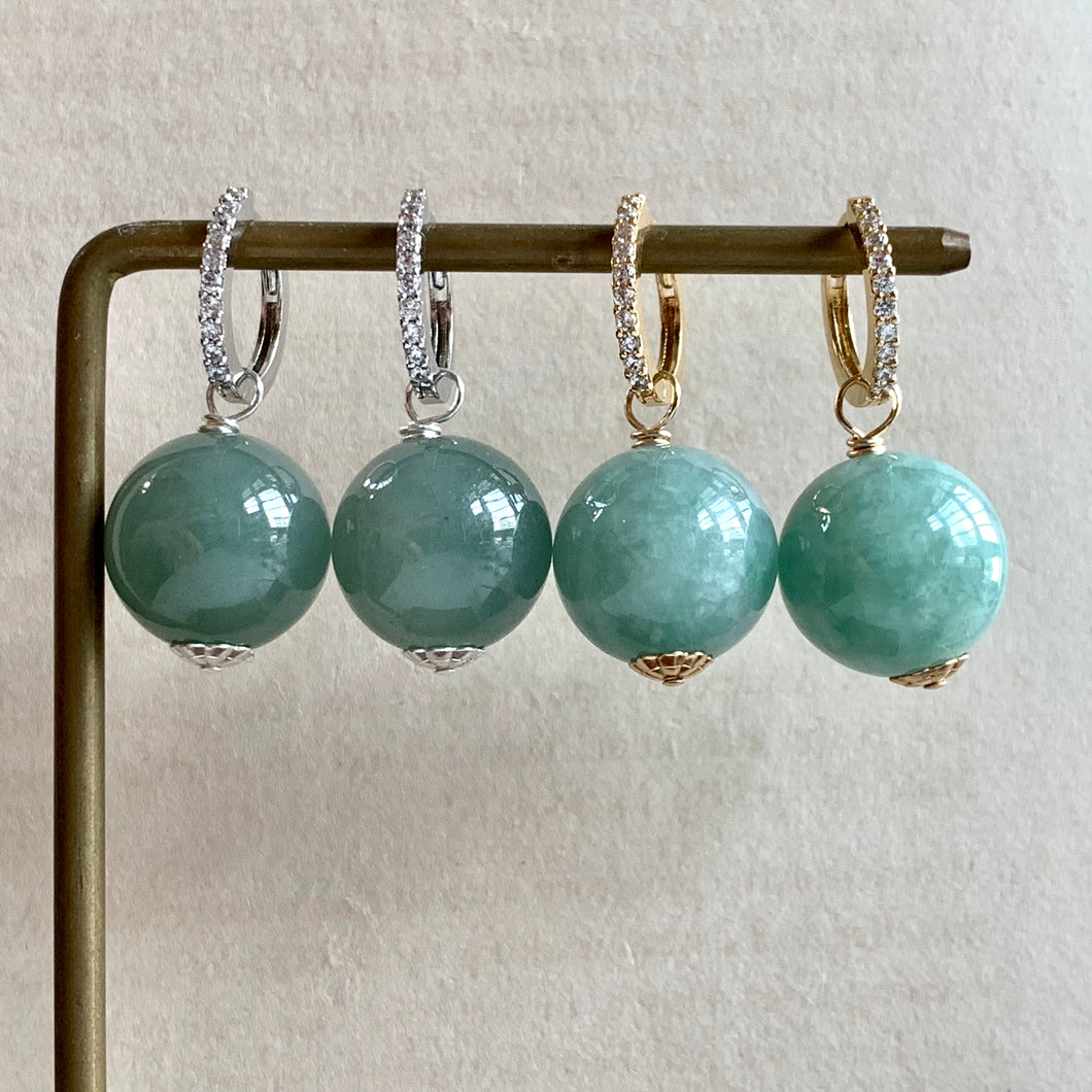 Large & Luscious Type A Green Jade Balls on CZ Hoops