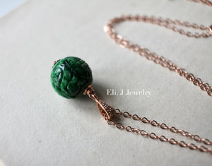 Carved Type A Deep Green Jade Ball Pendant Necklace 14kRGF