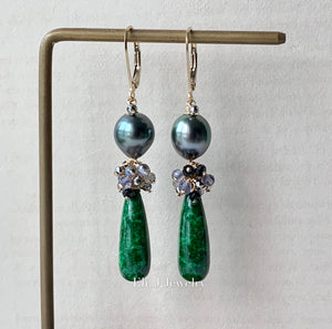 Custom-Cut Dark Green Type A Jadeite Drops, Tahitian Pearls & Gems 14kGF