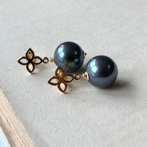 Peacock Blue Freshwater Pearls Fleur de Lis Studs