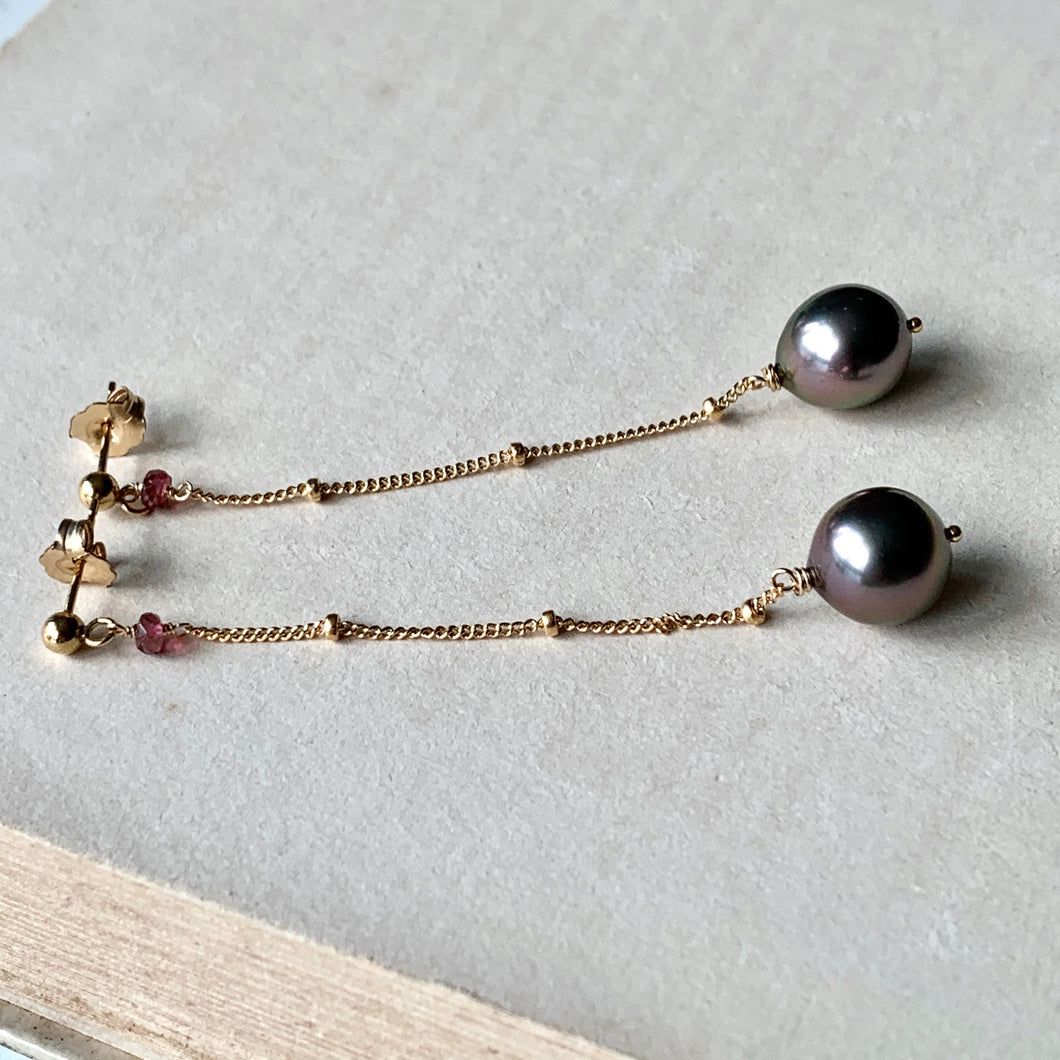 Rose AAA Tahitian Pearls, Pink Tourmaline 14kGF Dangle Earrings