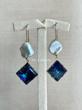 Load image into Gallery viewer, Carolyn: Vtg Rainbow Blue Glass &amp; Ivory Keshi Pearl Earrings