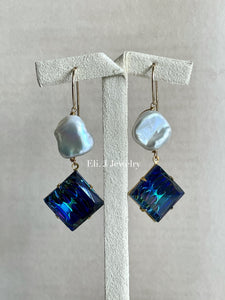 Carolyn: Vtg Rainbow Blue Glass & Ivory Keshi Pearl Earrings