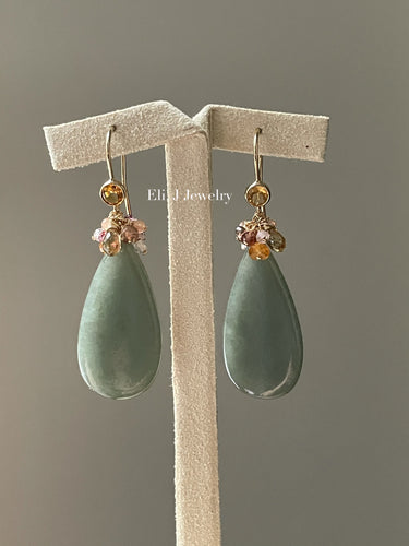 Eli. J Signature: Dark Green Type A Jade Drops, Sapphire & Gem Earrings