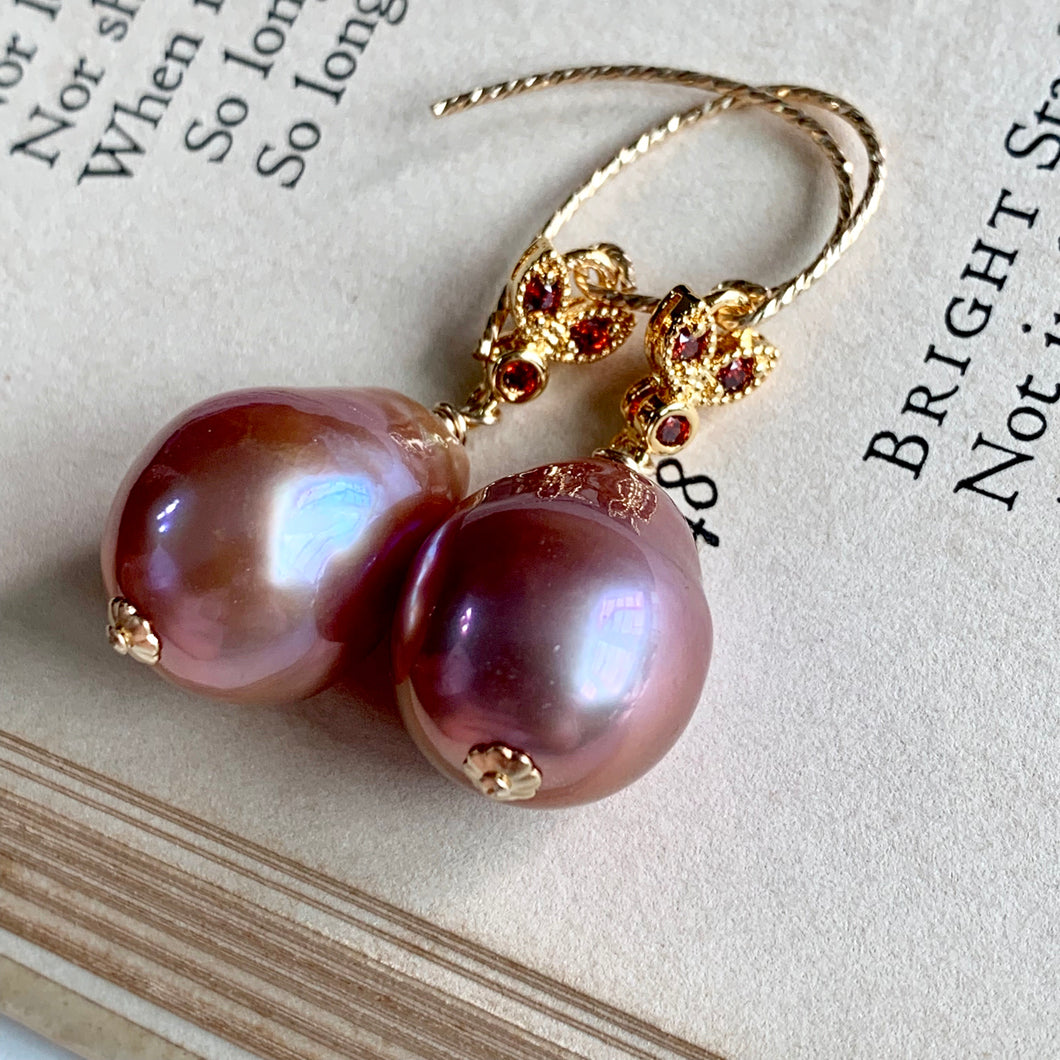 Purple-Pink Large Edison Pearls Bee 14k Gold Filled Earrings