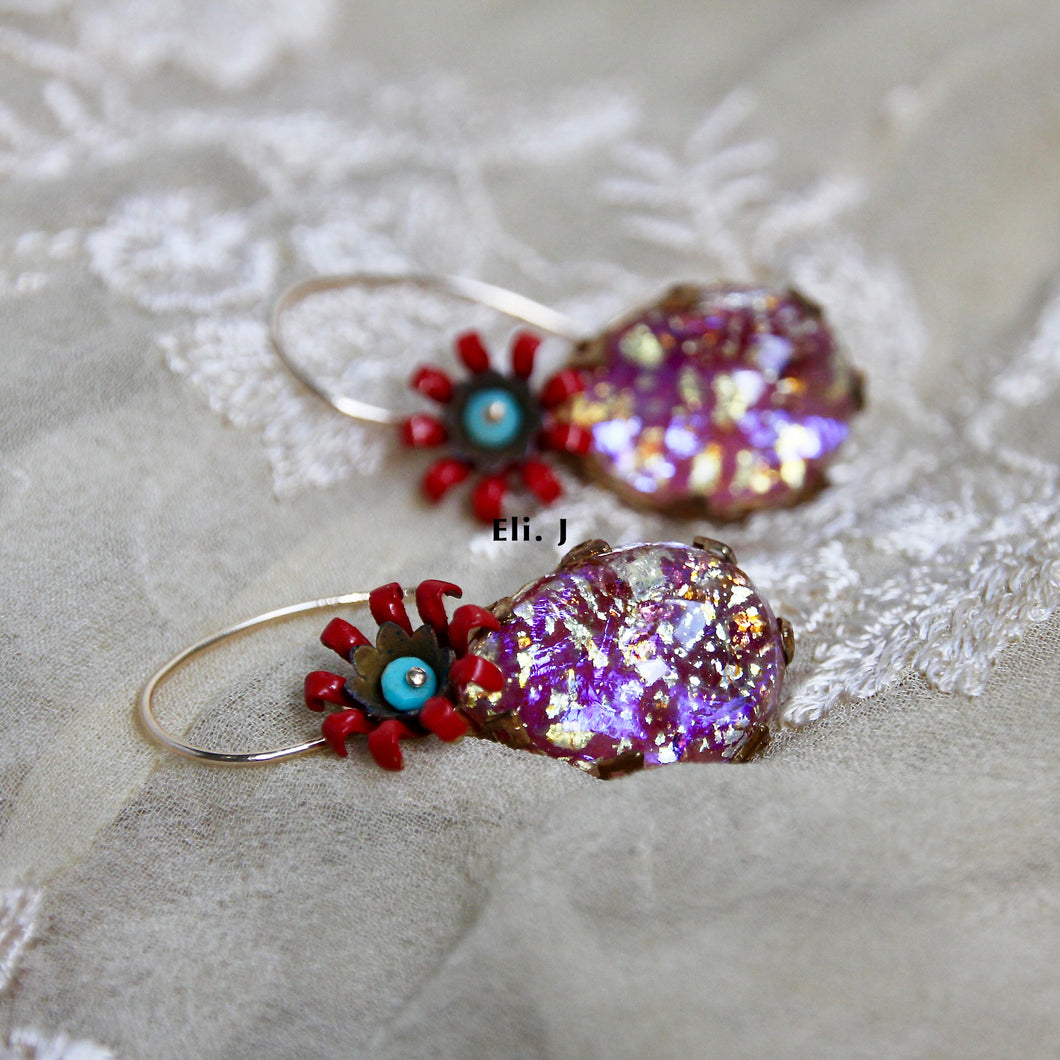 Vintage Red Teardrop Glass Gems, Flowers & Turquoise 14kGF Earrings