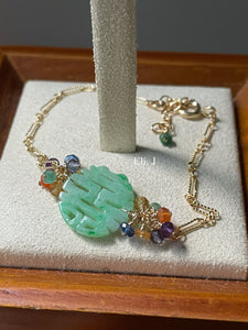 Mint Green 喜喜 Double Happiness Jade & Colorful Gems 14kGF Bracelet