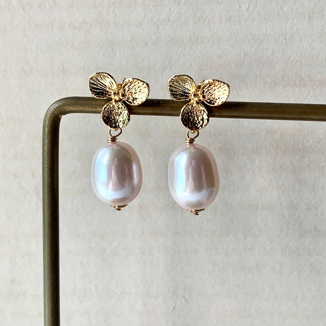 White Freshwater Pearls on Floral Studs