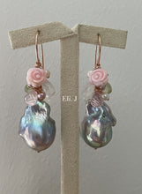 Load image into Gallery viewer, Rainbow Silver Baroque Pearls, Pink Rose, Rose Quartz, Rainbow Moonstone 14kRGF Earrings