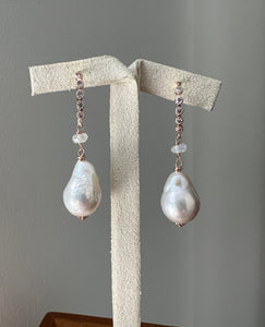 Petite Ivory Pearls, Rainbow Moonstone 14kRGF Earrings