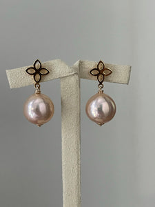 Large Roundish Peach Edison Pearls on Fleur de Lis Studs