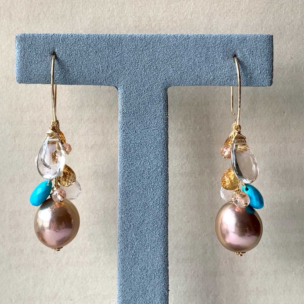 Golden Peach Edison Pearls, Turquoise, Golden Rutile, Gemstone 14kGF Earrings
