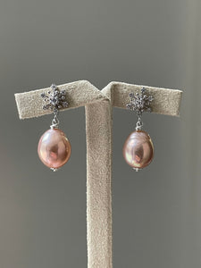 Pink- Gold Peach Edison Pearls on 925 Silver Snowflake Studs