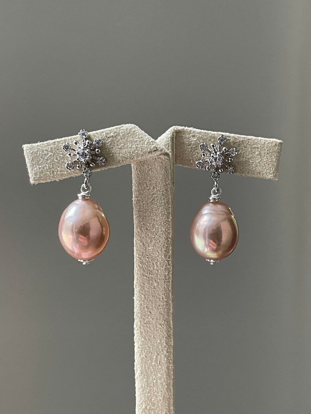 Pink- Gold Peach Edison Pearls on 925 Silver Snowflake Studs