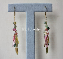 Load image into Gallery viewer, Apple Green Type A Jade Donuts, Tourmaline Leaves 14kGF Earrings