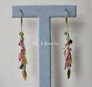 Apple Green Type A Jade Donuts, Tourmaline Leaves 14kGF Earrings