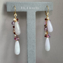 Load image into Gallery viewer, Custom-Cut Lavender Type A Jade Drops, Gemstones, Garnet 14kGF Dangly Earrings