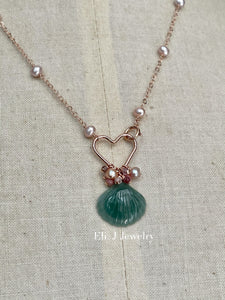 Eli. J Exclusive: Bluish-Green Jade Shell & RGF Heart Necklace