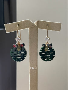 Very Dark Green 喜喜 Double Happiness Jade & Gemstones 14kGF Earrings