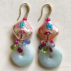 Grade A Jade, Cloisonné & Vibrant Gemstones 14k Gold Filled Earrings