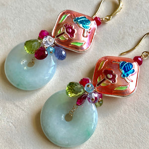 Grade A Jade, Cloisonné & Vibrant Gemstones 14k Gold Filled Earrings